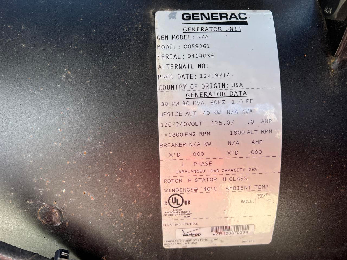 30 kW Generac Generator Set, Year 2014, 195 Hours, Base Fuel Tank, US EPA Tier 3