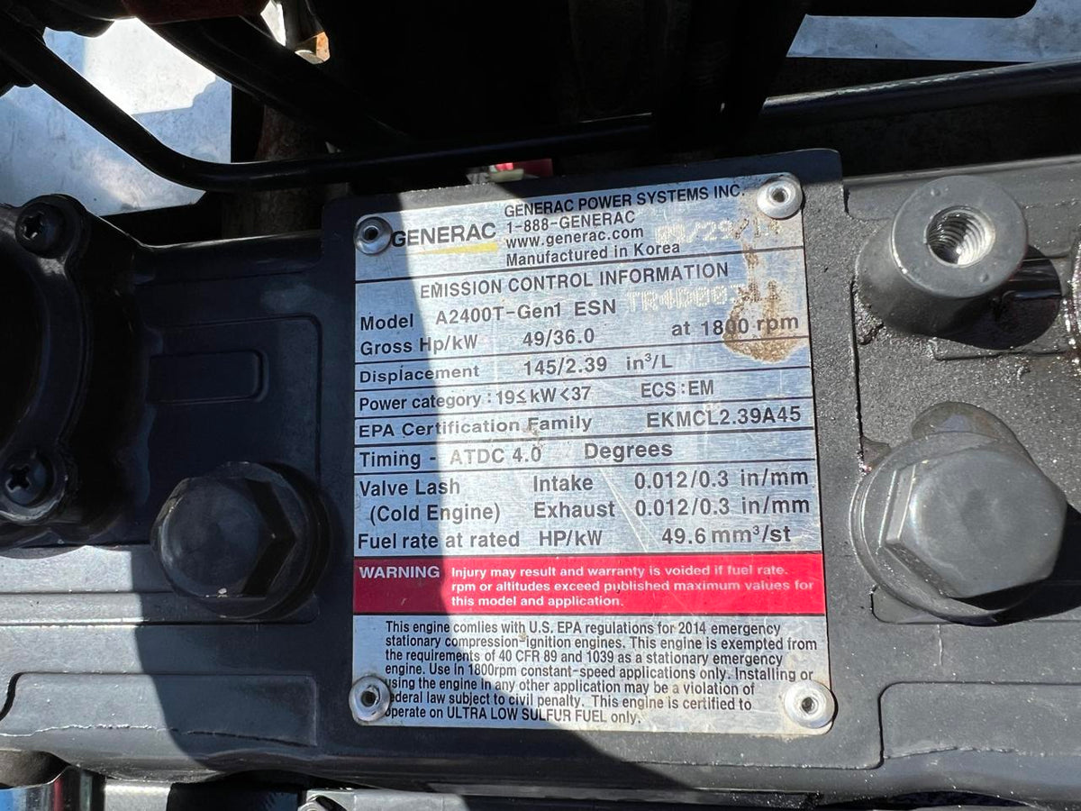 30 kW Generac Generator Set, Year 2014, 195 Hours, Base Fuel Tank, US EPA Tier 3