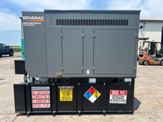 30 kW New Surplus Generac Generator, with Sound Attenuated Enclosure and Base Fuel Tank, Perkins Engine, Year – 2021, Some Factory Warranty Remaining