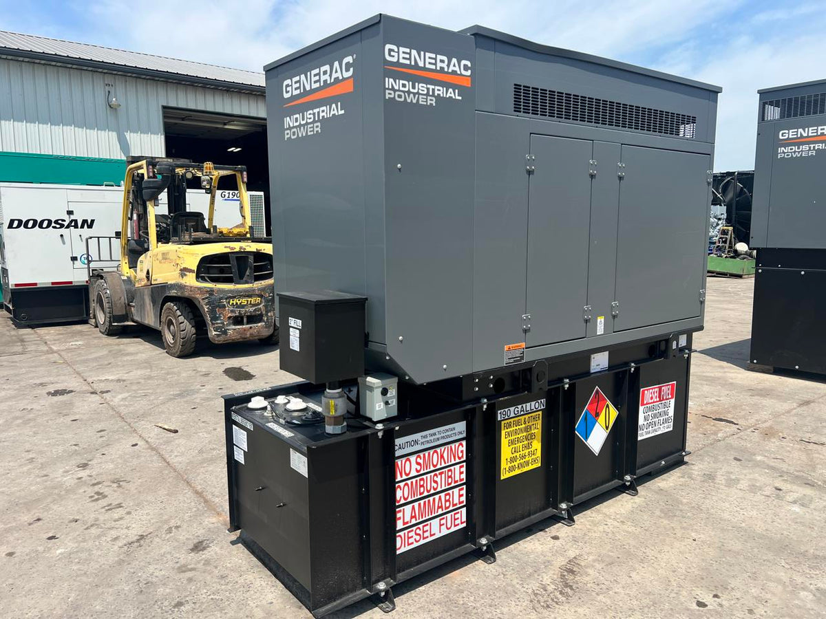 30 kW New Surplus Generac Generator, with Sound Attenuated Enclosure and Base Fuel Tank, Perkins Engine, Year – 2021, Some Factory Warranty Remaining