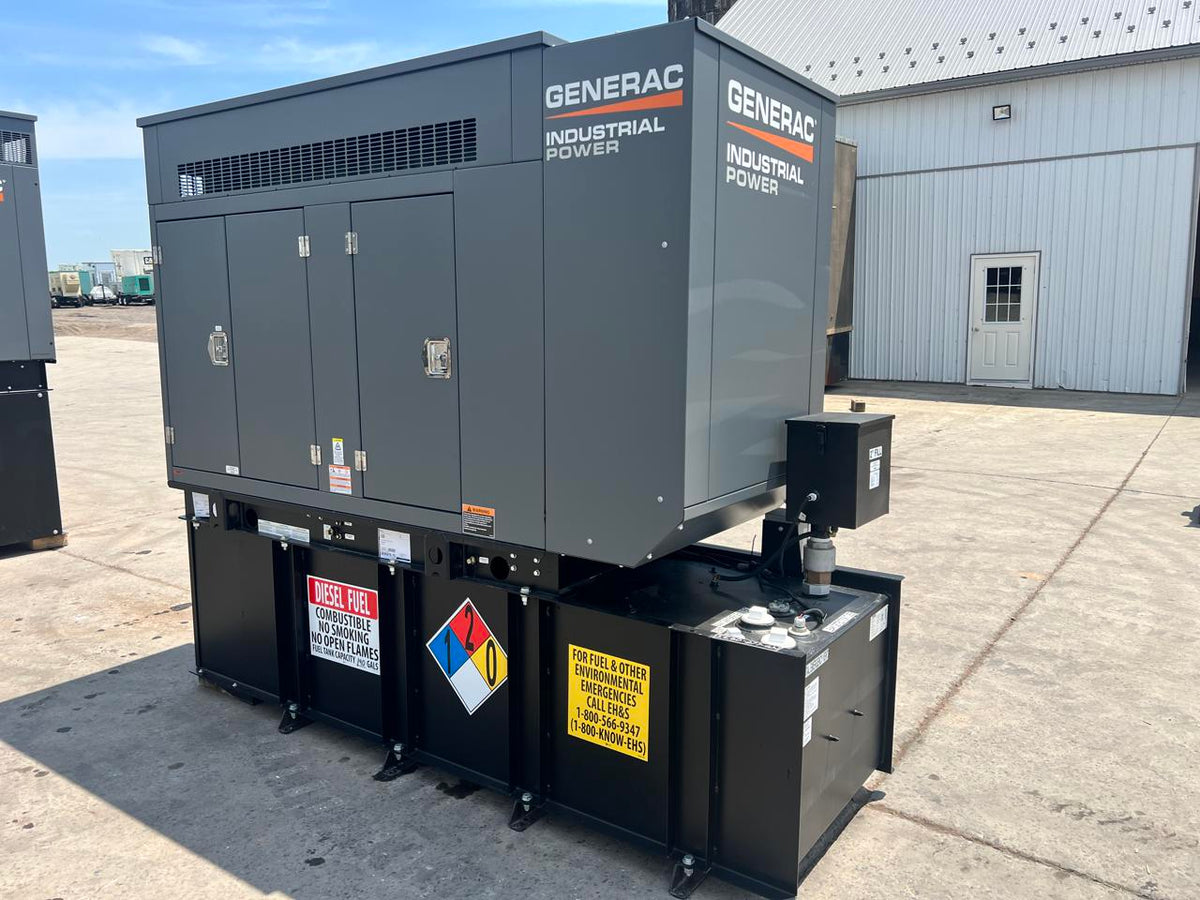 30 kW New Surplus Generac Generator, with Sound Attenuated Enclosure and Base Fuel Tank, Perkins Engine, Year – 2021, Some Factory Warranty Remaining