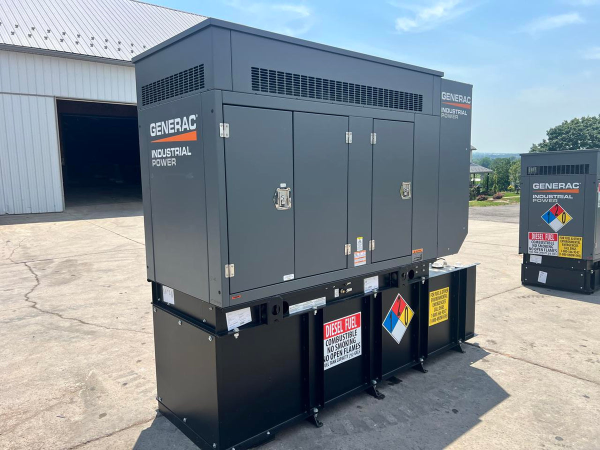 30 kW New Surplus Generac Generator, with Sound Attenuated Enclosure and Base Fuel Tank, Perkins Engine, Year – 2021, Some Factory Warranty Remaining