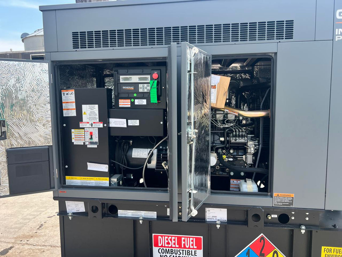 30 kW New Surplus Generac Generator, with Sound Attenuated Enclosure and Base Fuel Tank, Perkins Engine, Year – 2021, Some Factory Warranty Remaining