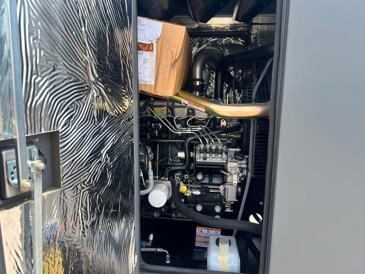 30 kW New Surplus Generac Generator, with Sound Attenuated Enclosure and Base Fuel Tank, Perkins Engine, Year – 2021, Some Factory Warranty Remaining