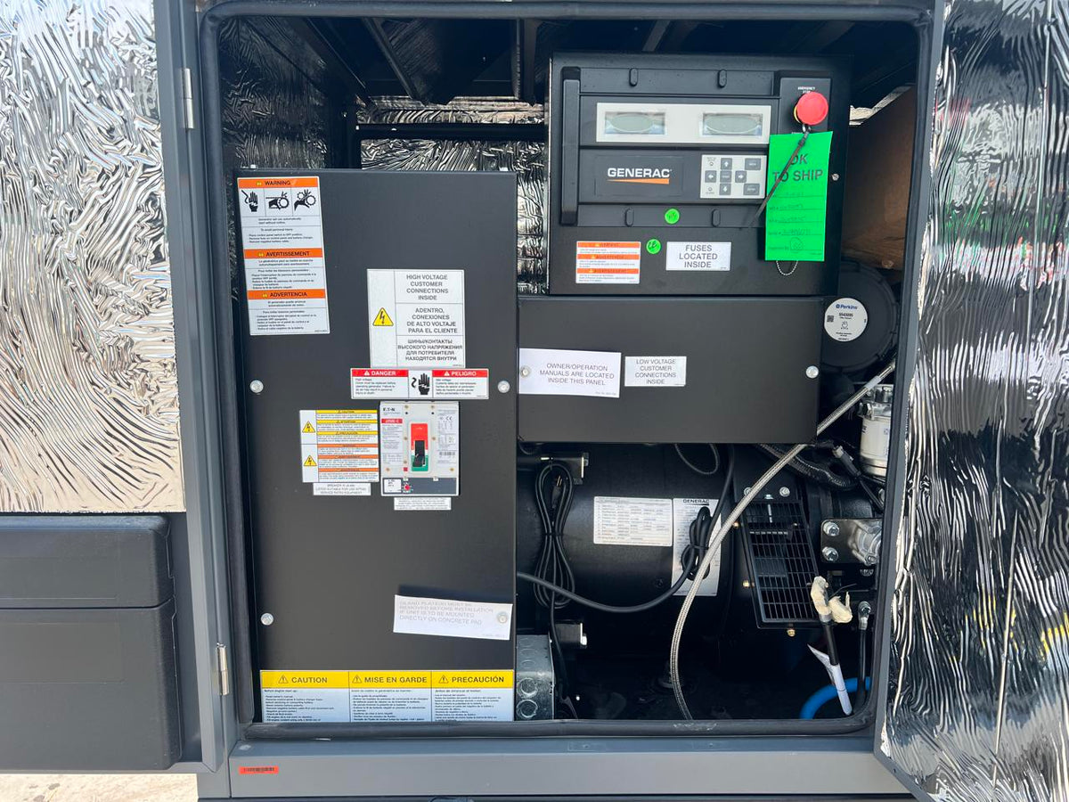 30 kW New Surplus Generac Generator, with Sound Attenuated Enclosure and Base Fuel Tank, Perkins Engine, Year – 2021, Some Factory Warranty Remaining