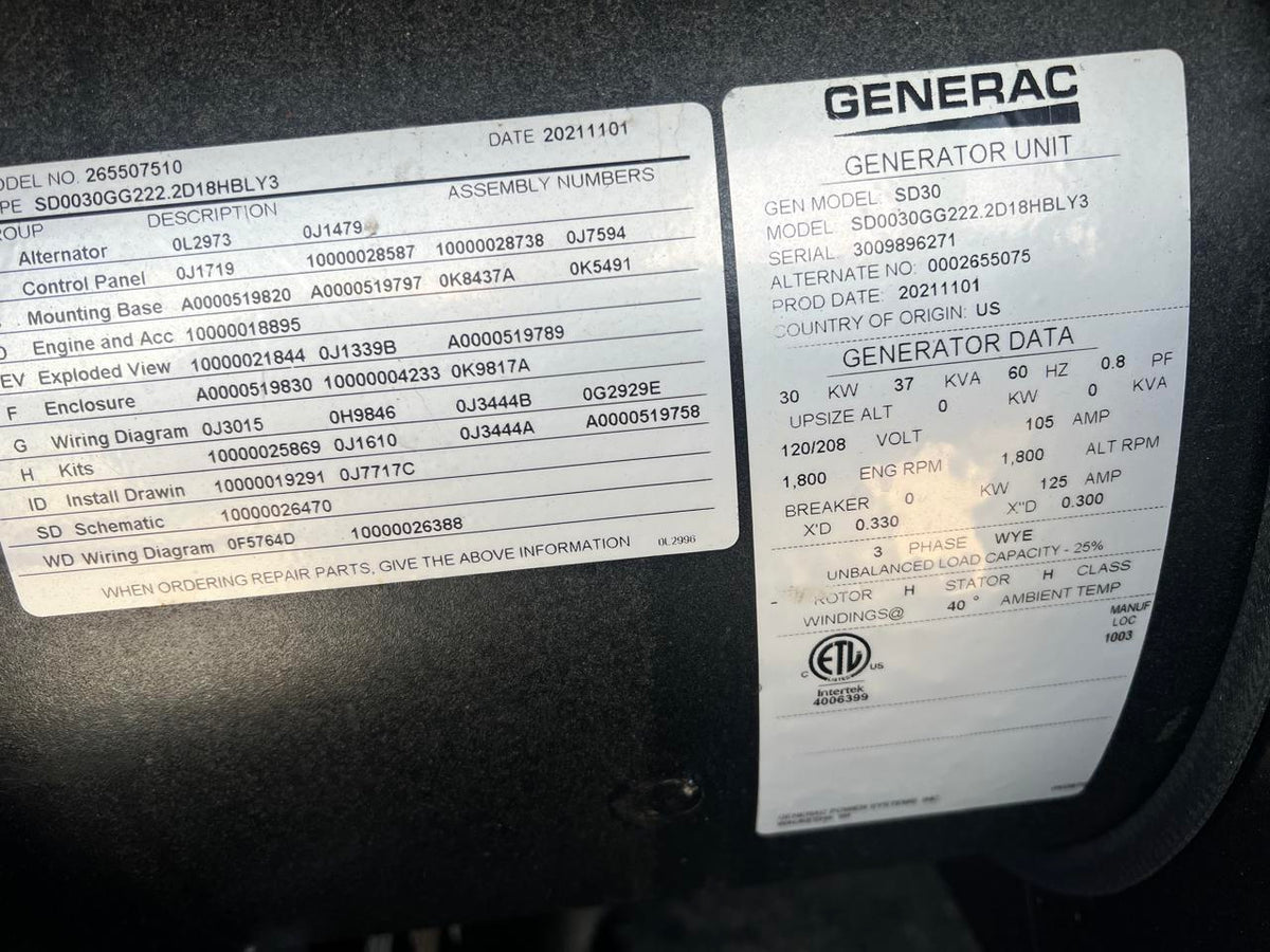 30 kW New Surplus Generac Generator, with Sound Attenuated Enclosure and Base Fuel Tank, Perkins Engine, Year – 2021, Some Factory Warranty Remaining