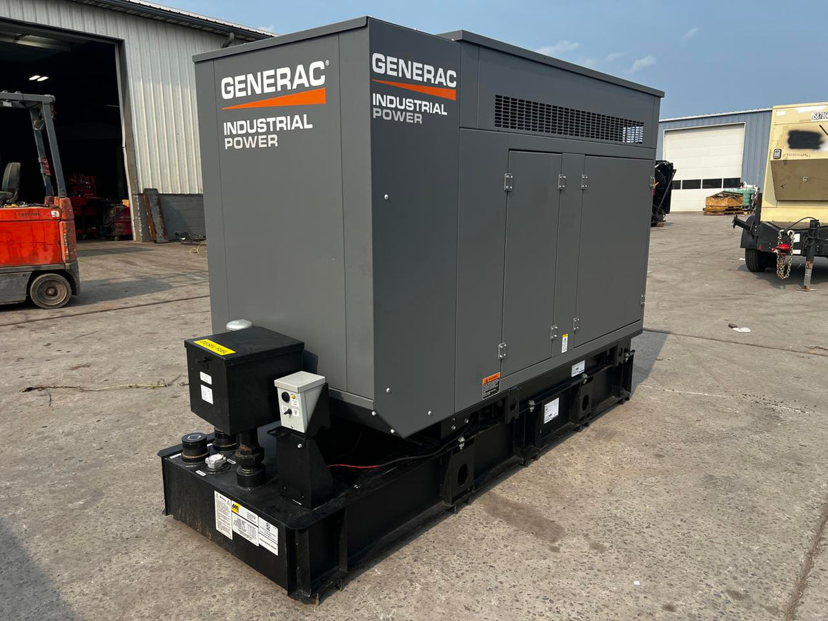 30 kW Generac Generator with Sound Attenuated Enclosure and Base Fuel Tank, Perkins Engine, Year – 2021, New Surplus, Pre Emissions