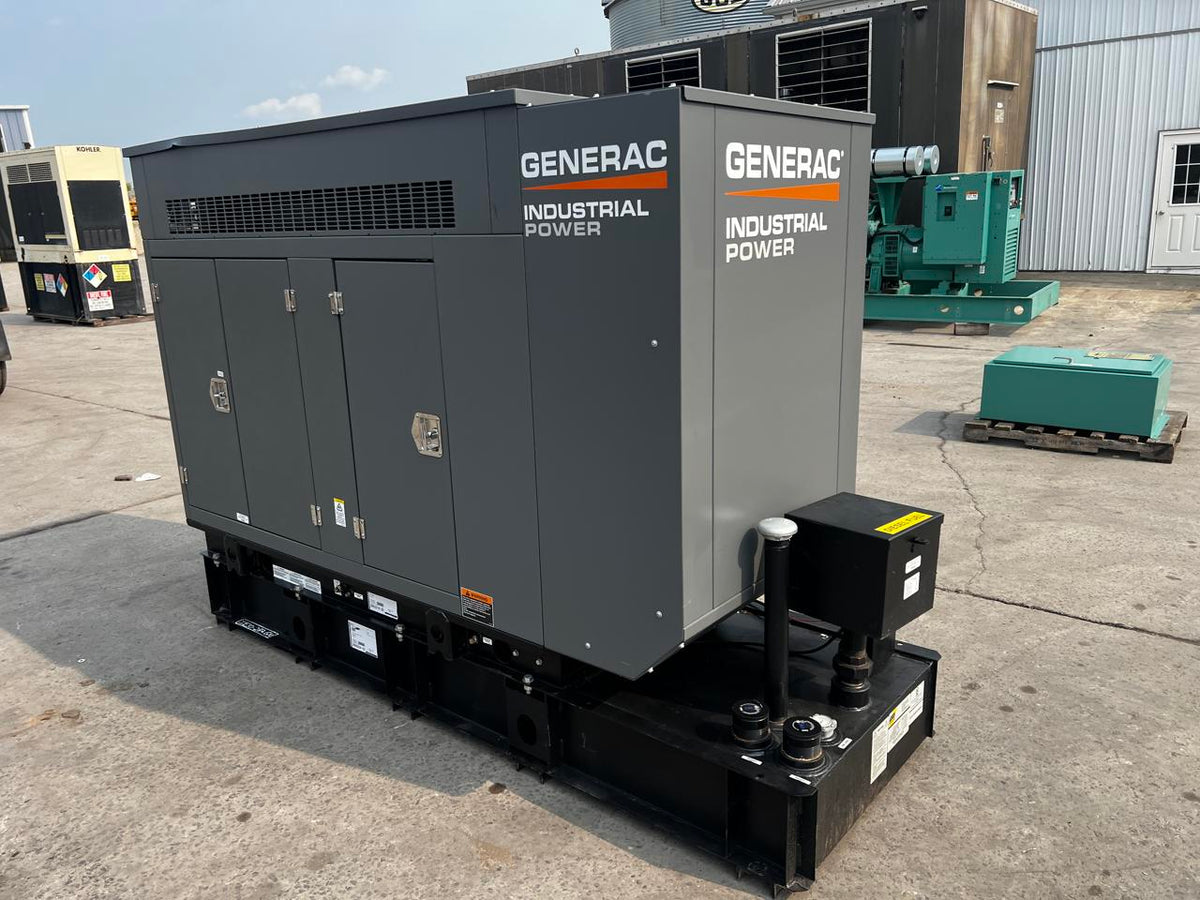 30 kW Generac Generator with Sound Attenuated Enclosure and Base Fuel Tank, Perkins Engine, Year – 2021, New Surplus, Pre Emissions