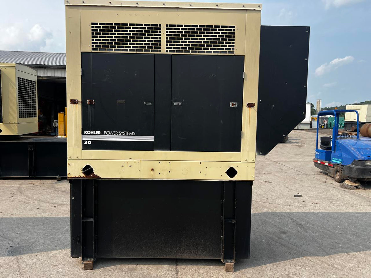 30 kW Kohler Generator, with Sound Attenuated Enclosure and Base Fuel Tank, 2.9 Liter John Deere Engine, Year – 2007, 477 Hours