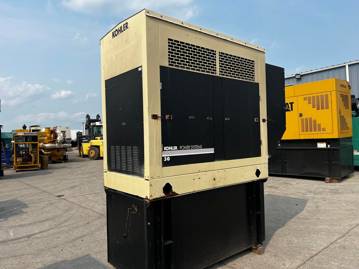 30 kW Kohler Generator, with Sound Attenuated Enclosure and Base Fuel Tank, 2.9 Liter John Deere Engine, Year – 2007, 477 Hours
