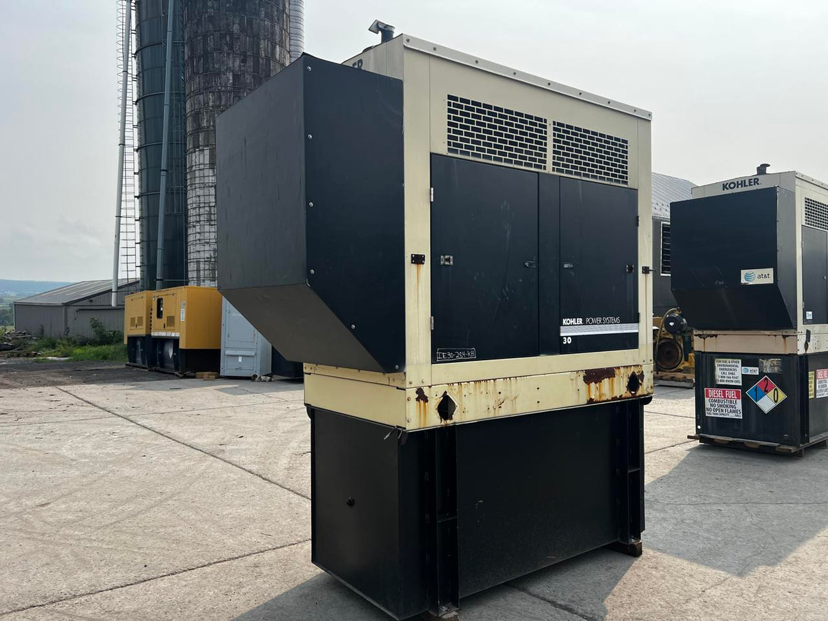30 kW Kohler Generator, with Sound Attenuated Enclosure and Base Fuel Tank, 2.9 Liter John Deere Engine, Year – 2007, 477 Hours