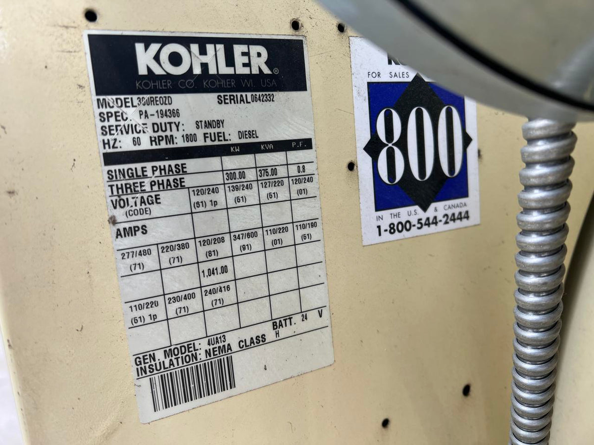 300 kW Kohler Generator, with Enclosure, 12.7 Liter 60 Series Detroit Diesel Engine, Year – 1999, 1131 Hours