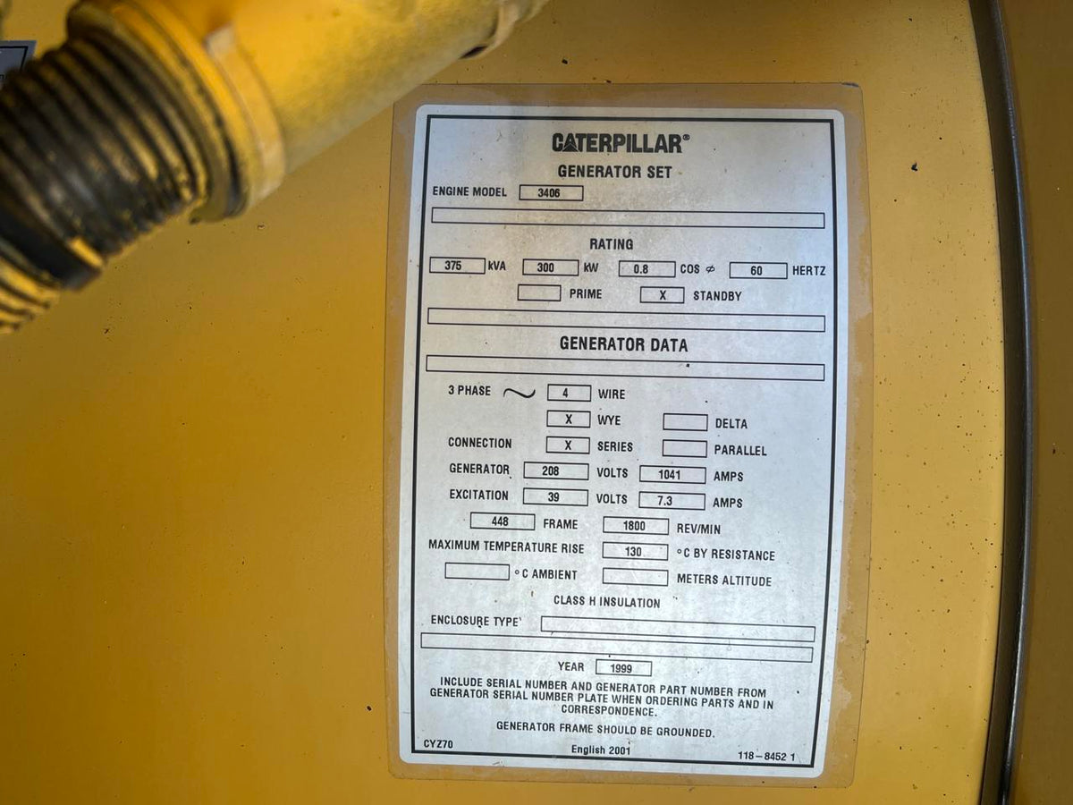 300 KW 3406 Cat Gen Set, with Enclosure and Base Fuel Tank, Year – 1999, 616 Hours