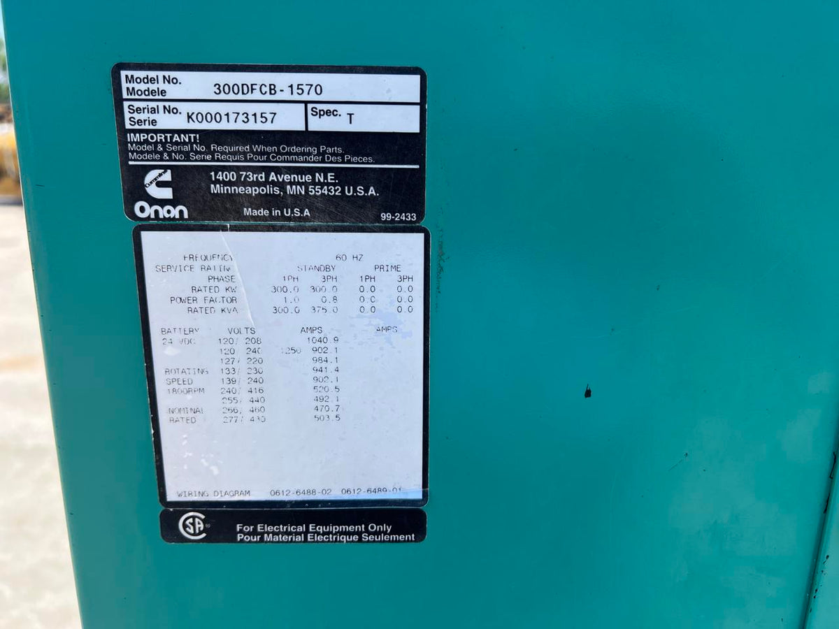 300 kW Cummins/Onan Generator, NTA 855 Diesel Engine, Year – 2000, 411 Hours