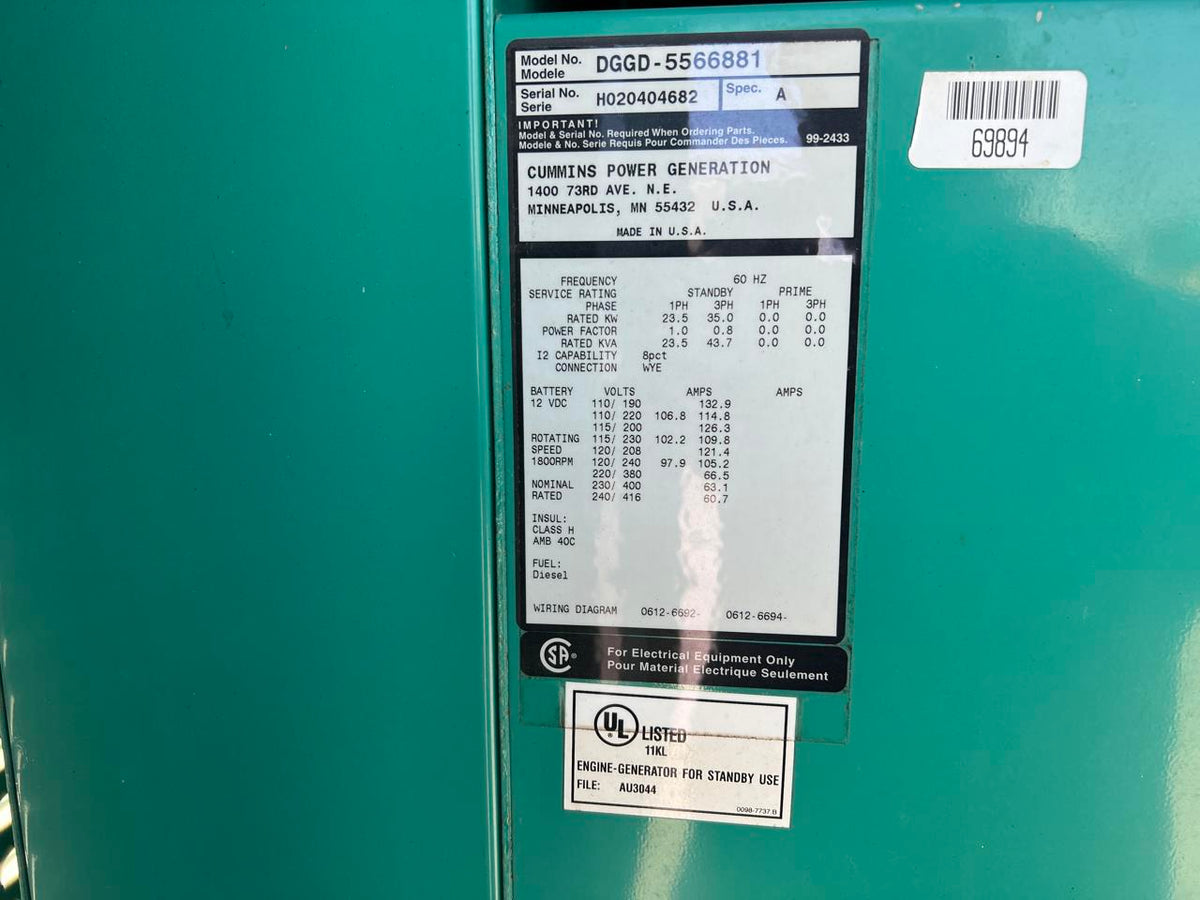 35 kW Cummins/Onan Portable GenSet with Enclosure and Base Fuel Tank, 3.3 Liter Cummins Engine, Year – 2002, 451 Hours