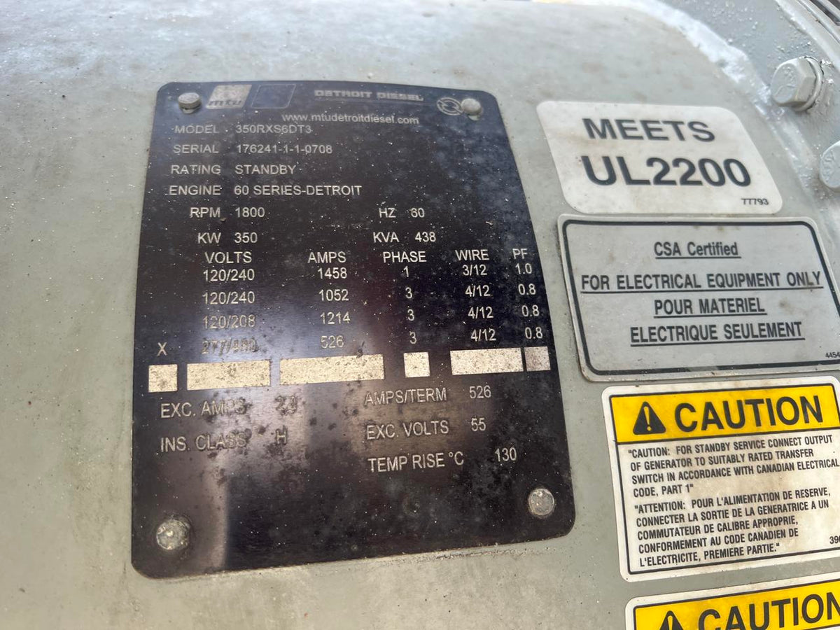 350 kW MTU Generator, 14 Liter Series 60 Detroit Diesel Engine, with Enclosure and Base Fuel Tank, Year – 2008, 706 Hours, US EPA Tier 3