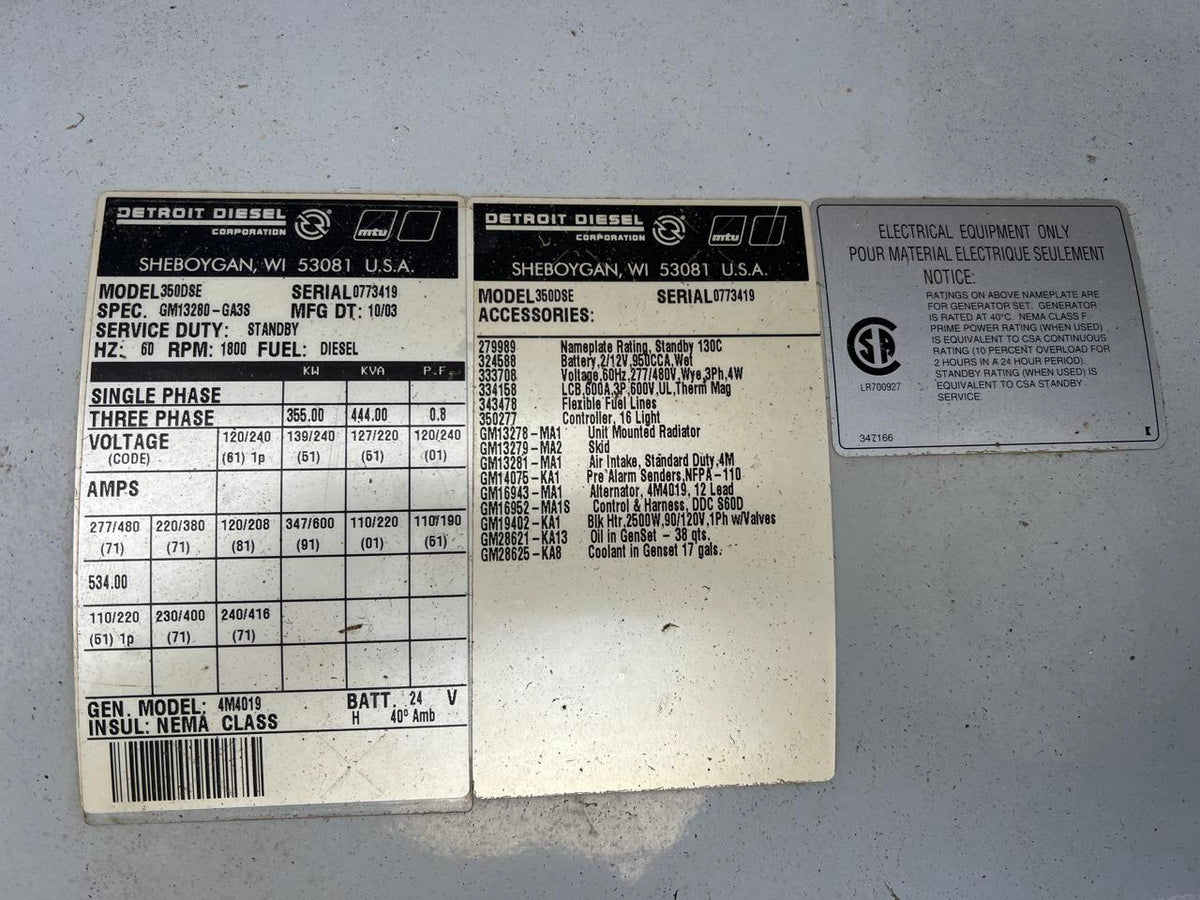 355 kW Spectrum/Kohler Generator, with Enclosure and Base Tank, Detroit Diesel Series 60, 12.7 Engine, Year – 2003, 775 Hours