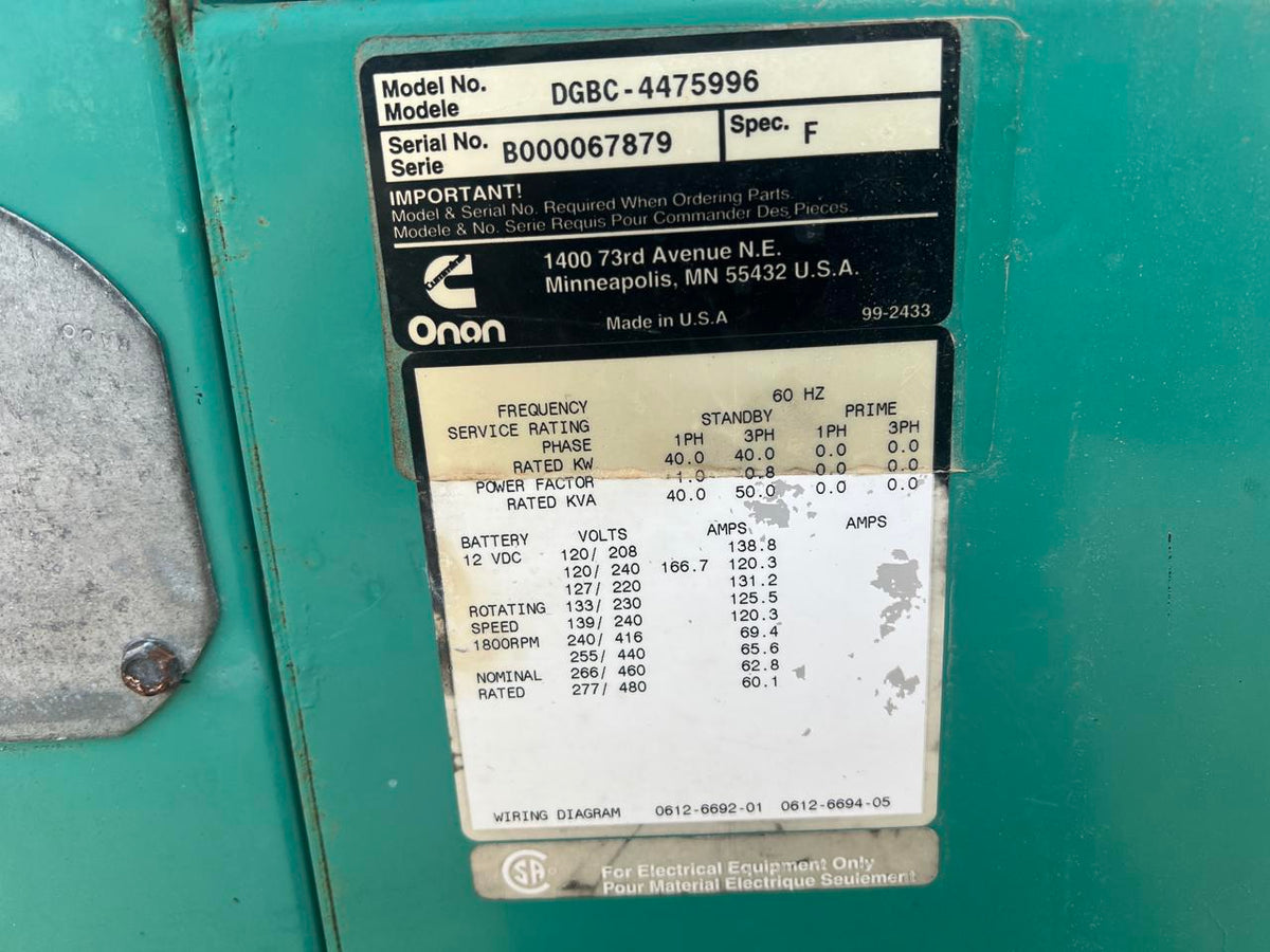 40 kW Cummins/Onan Gen Set, 3.9 Liter Cummins Engine, Open Skid, Year – 2000, 312 Hours