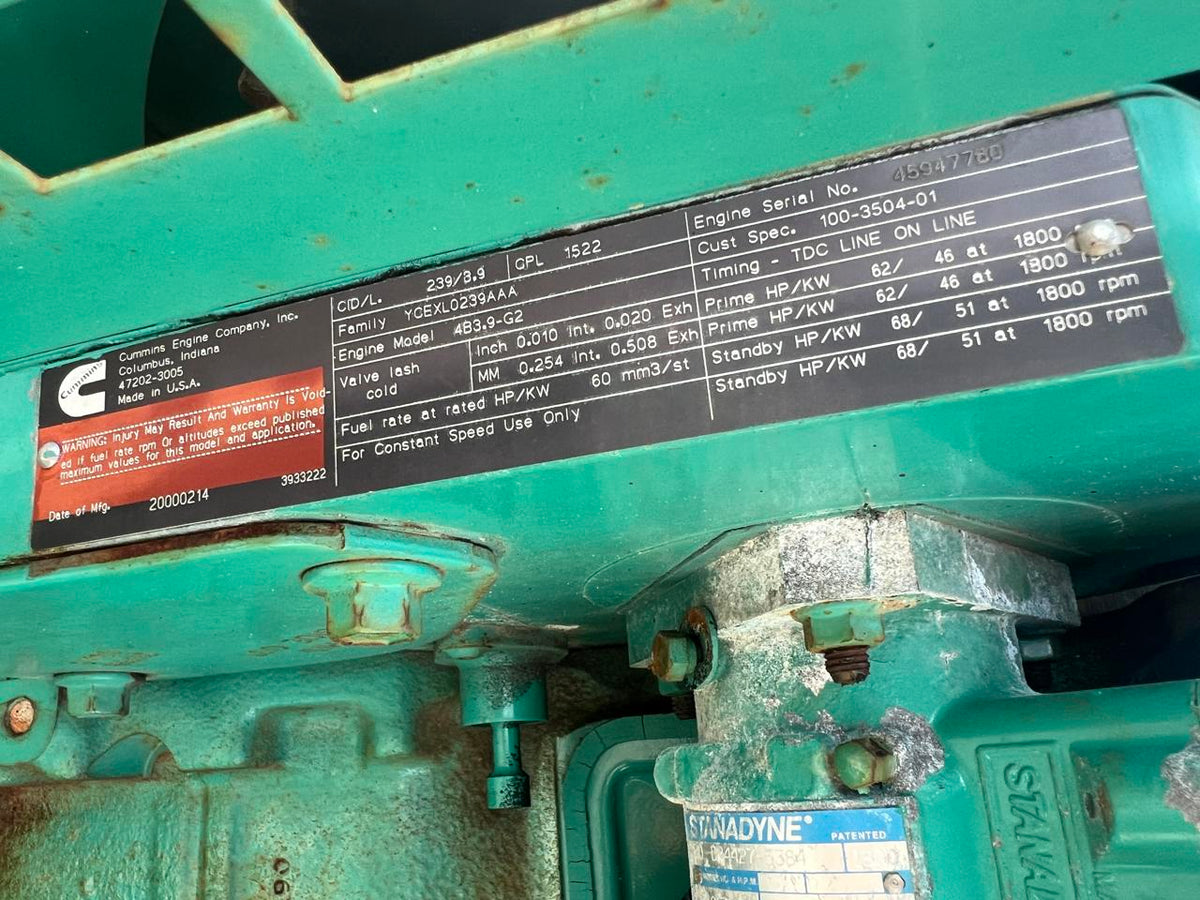 40 kW Cummins/Onan Gen Set, 3.9 Liter Cummins Engine, Open Skid, Year – 2000, 312 Hours