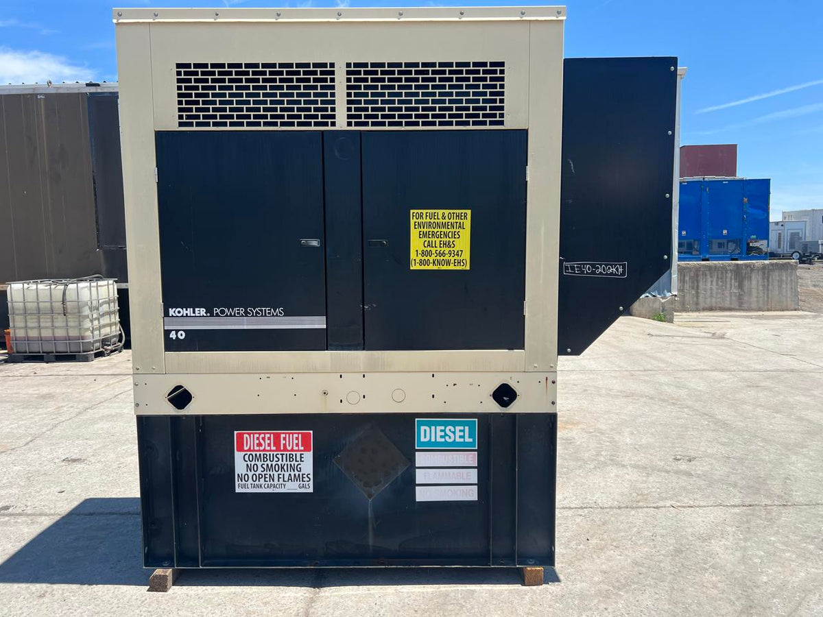 40 kW Kohler Generator with Sound Attenuated Enclosure and Base Fuel Tank, 2.9 Liter John Deere Engine, Year – 2006, 311 Hours