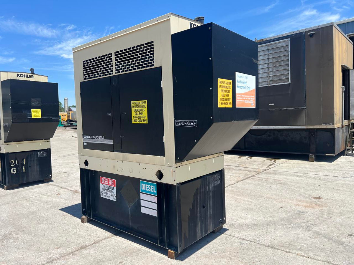 40 kW Kohler Generator with Sound Attenuated Enclosure and Base Fuel Tank, 2.9 Liter John Deere Engine, Year – 2006, 311 Hours