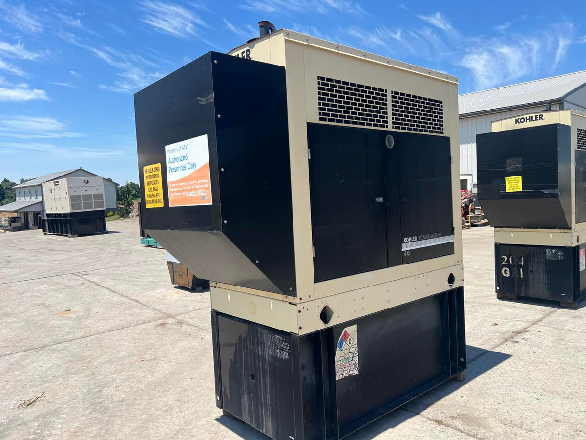 40 kW Kohler Generator with Sound Attenuated Enclosure and Base Fuel Tank, 2.9 Liter John Deere Engine, Year – 2006, 311 Hours