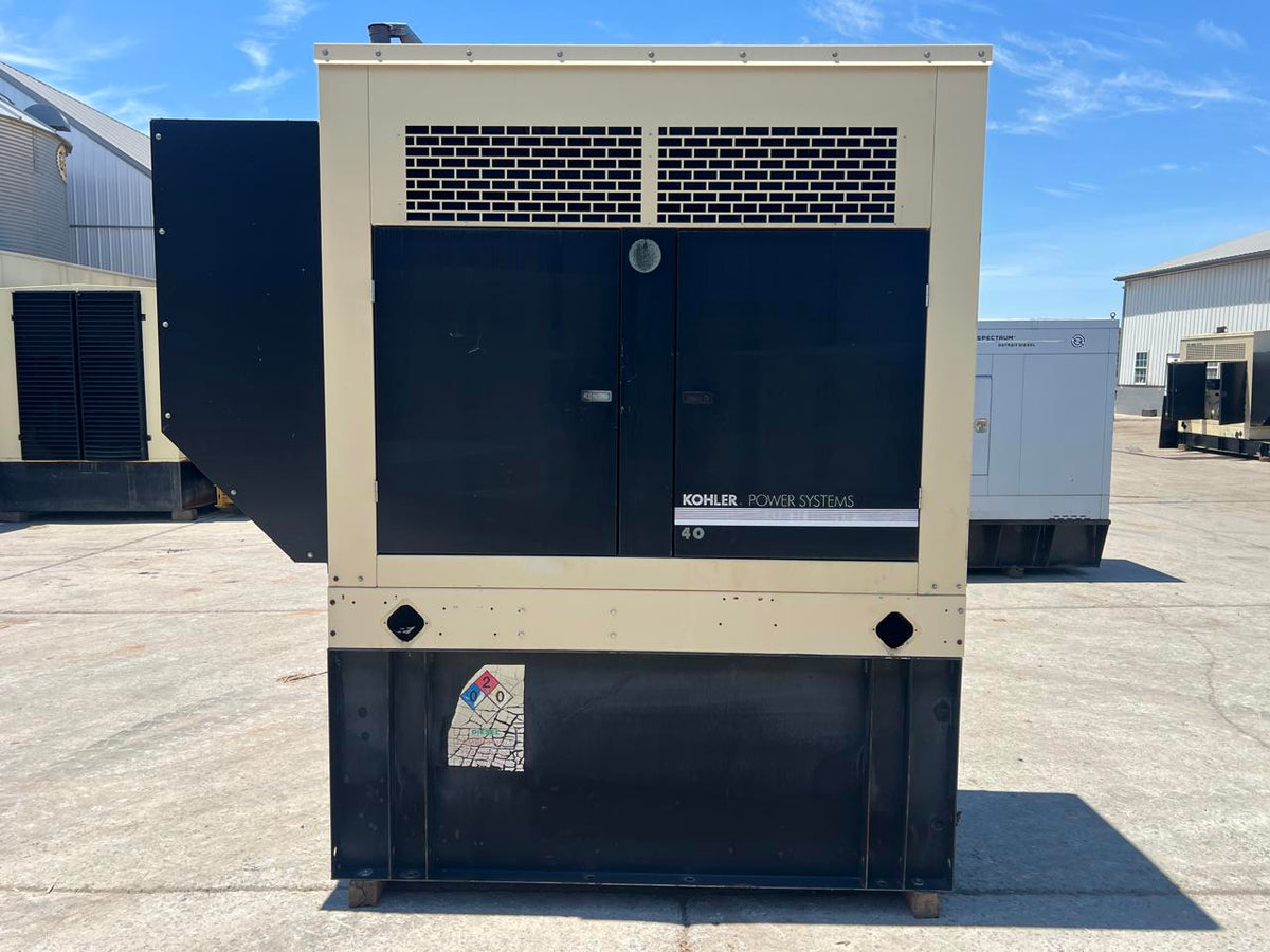 40 kW Kohler Generator with Sound Attenuated Enclosure and Base Fuel Tank, 2.9 Liter John Deere Engine, Year – 2006, 311 Hours