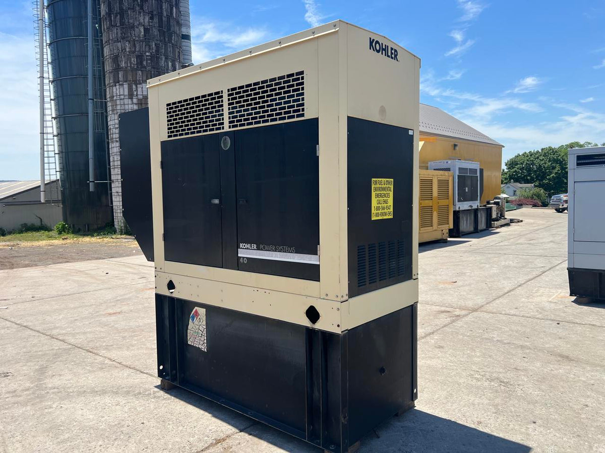 40 kW Kohler Generator with Sound Attenuated Enclosure and Base Fuel Tank, 2.9 Liter John Deere Engine, Year – 2006, 311 Hours