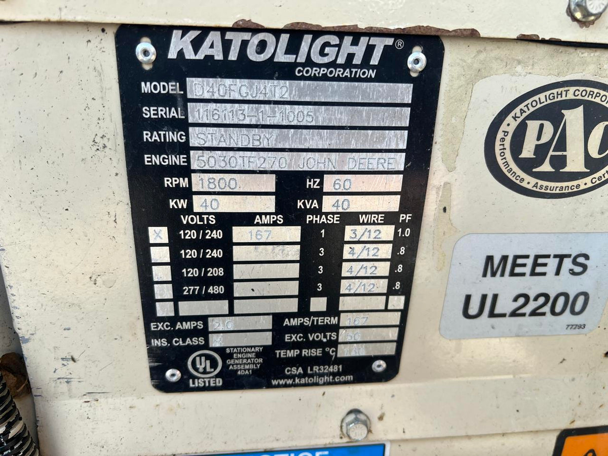 40 kW Katolight Portable Generator, 3.0 Liter John Deere Engine, Year – 2005, 264 Hours, Sound Attenuated Enclosure and Base Fuel Tank
