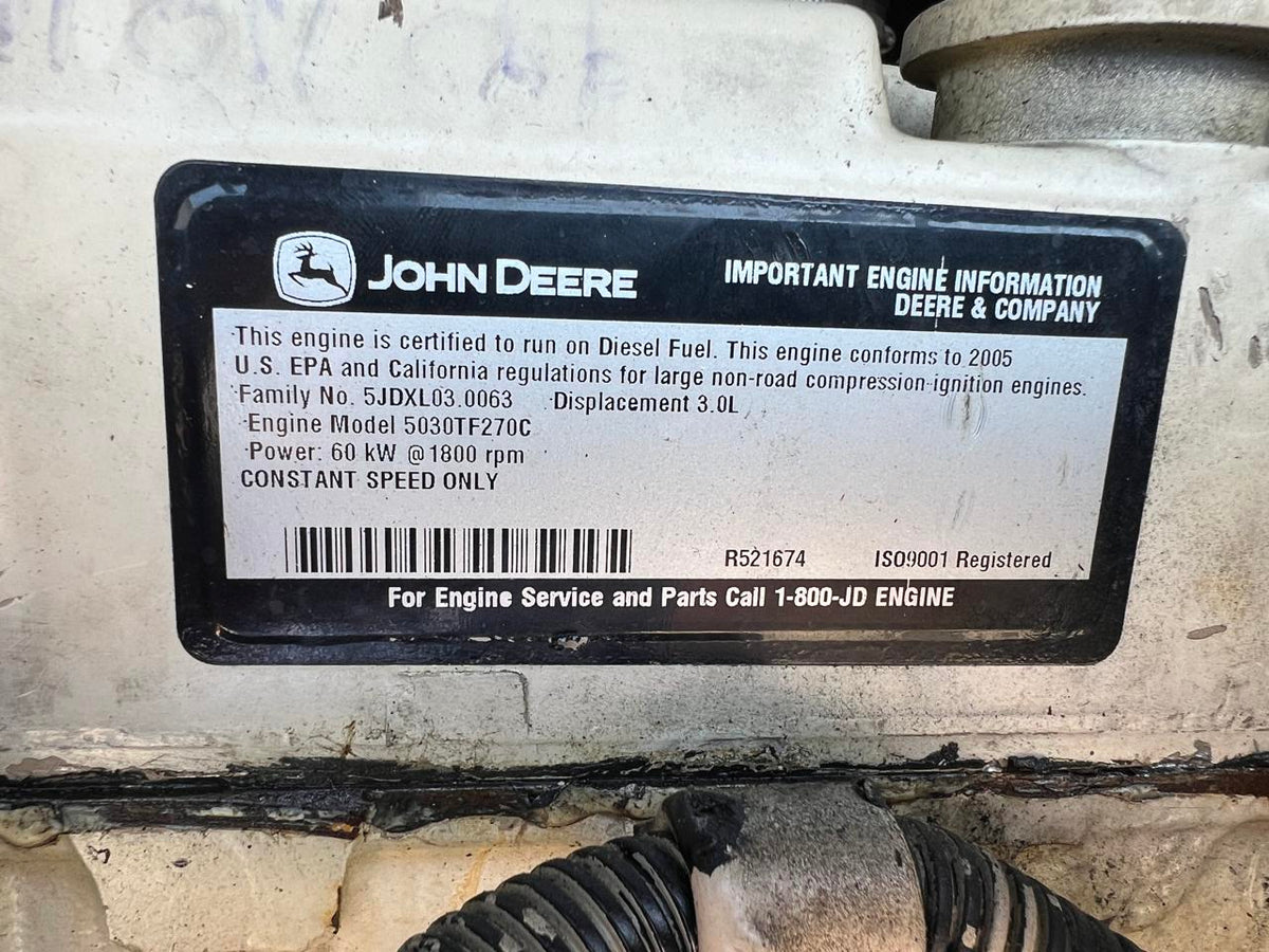 40 kW Katolight Portable Generator, 3.0 Liter John Deere Engine, Year – 2005, 264 Hours, Sound Attenuated Enclosure and Base Fuel Tank
