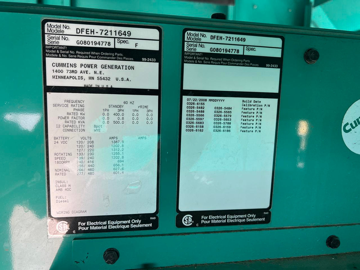 400 kW Cummins/Onan Generator Set, With Enclosed and Base Fuel Tank, Year – 2008, 601 Hours, US EPA Tier 2