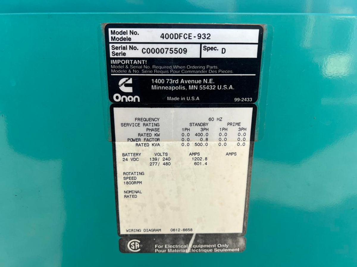 400 kW Cummins/Onan Gen Set, with Enclosure, Year – 2000, 129 Hours
