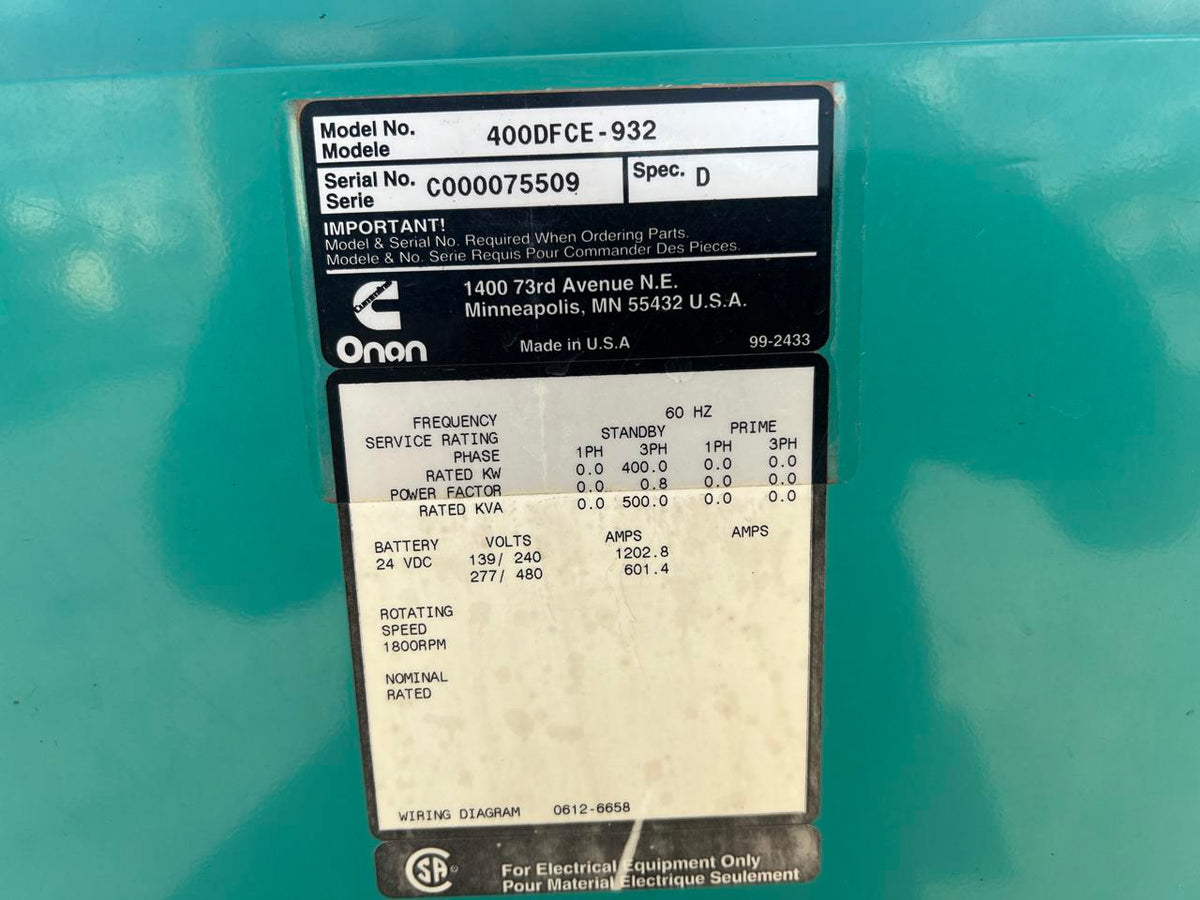 400 kW Cummins/Onan Gen Set, with Enclosure, Year – 2000, 129 Hours