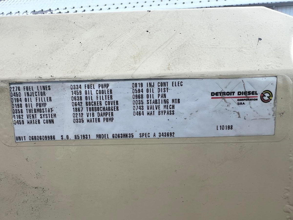 400 kW Kohler Generator, 14 Liter Series 60 Detroit Diesel Engine, Year 2000, 1186 Hours