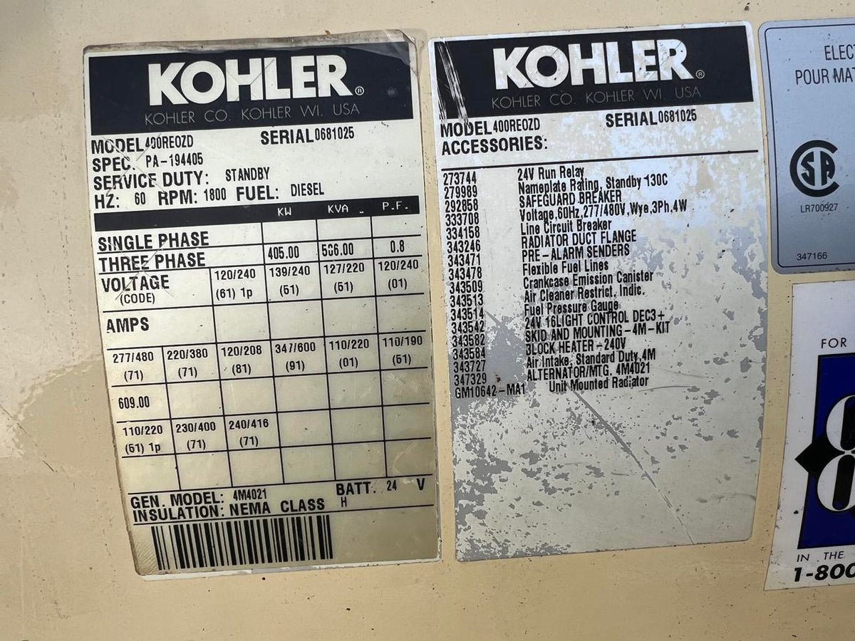 400 kW Kohler Generator, 14 Liter Series 60 Detroit Diesel Engine, Year 2000, 1186 Hours