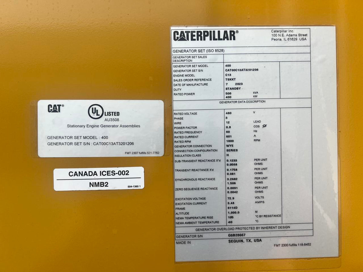400 kW New Surplus CAT Gen Set, with Sound Attenuated Enclosure and Base Fuel Tank, C13 CAT Engine, Year – 2023