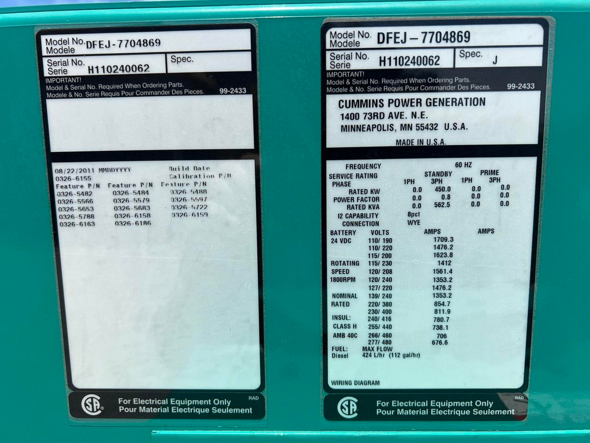 450 kW Cummins/Onan GenSet, QSX15 Liter Cummins Engine, Year – 2011, 241 Hours, US EPA Tier 3 Pre Emissions Engine