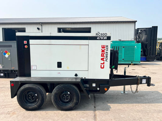 47 kW G60 Doosan/Clarke Power Gen, Portable Rental Grade GenSet with Voltage Selector Switch, Sound Attenuated Enclsoure and Base Fuel Tank, John Deere Engine, Year – 2015, 293 Hours