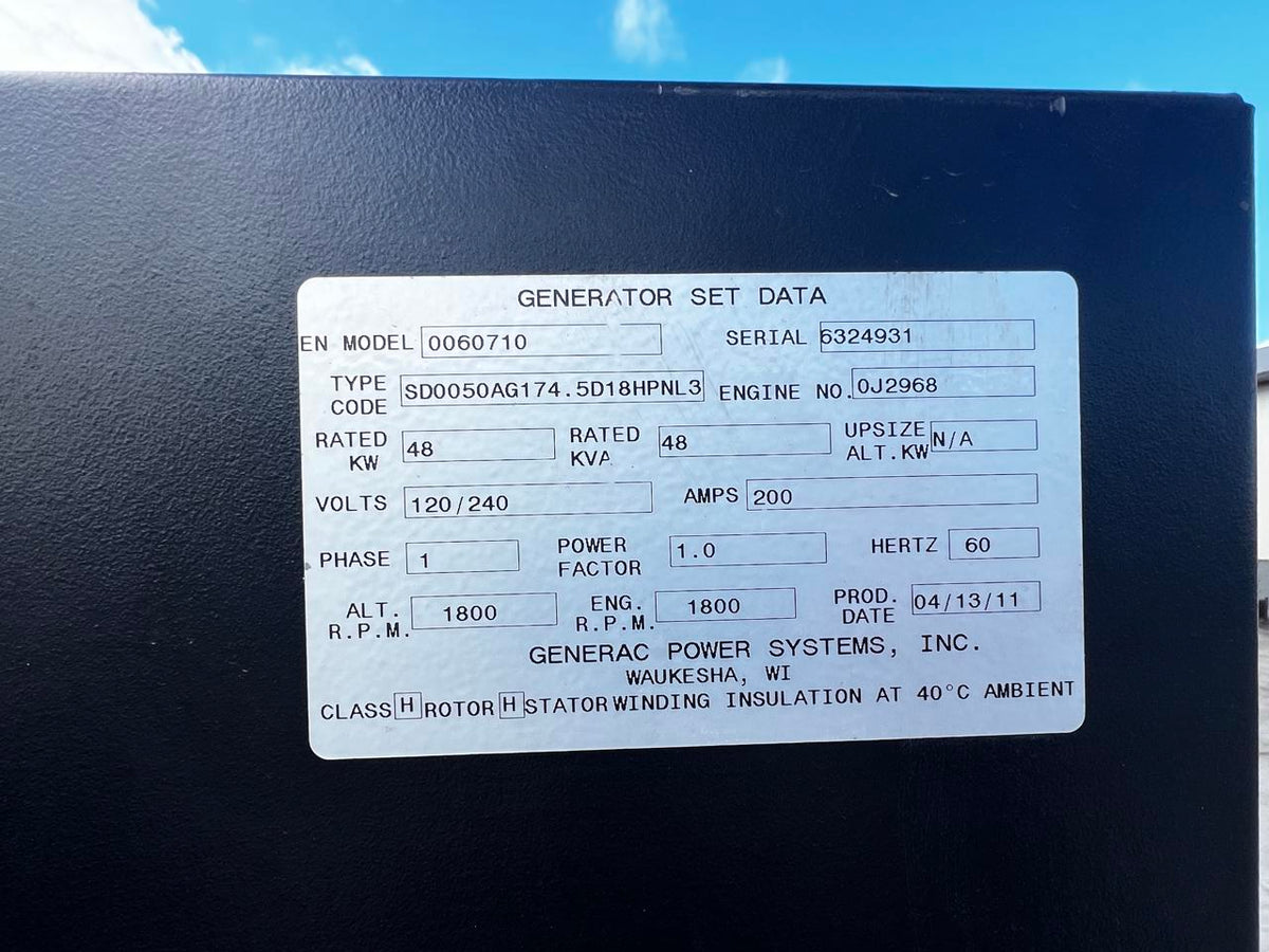 48 kW Generac Generator with Base Tank, with FPT Diesel Engine, Year – 2011, 341 Hours