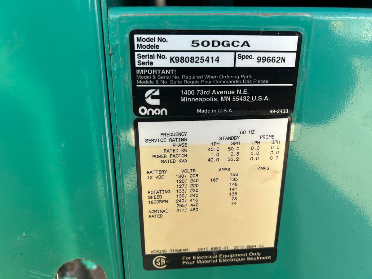 50 kW Cummins/Onan Generator, with Enclosure and Base Tank 3.9 Cummins Engine, Enclosed, Year – 1998, 1247 Hours