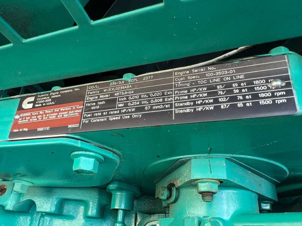 50 kW Cummins/Onan Generator, with Enclosure and Base Tank 3.9 Cummins Engine, Enclosed, Year – 1998, 1247 Hours
