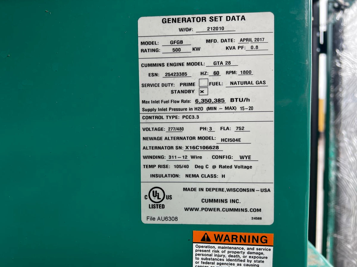 500 kW Cummins/Onan GenSet, Year – 2017, Natural Gas, 114 Hours, Sound Attenuated Enclosure, Like New Condition