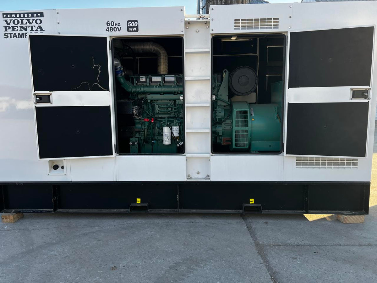 500 kW Unused Surplus Stamford, Volvo Penta Genset, Enclosed, Sound Attenuated with Base Fuel Tank, Year – 2022, US EPA Tier 2 Pre Emission Engine