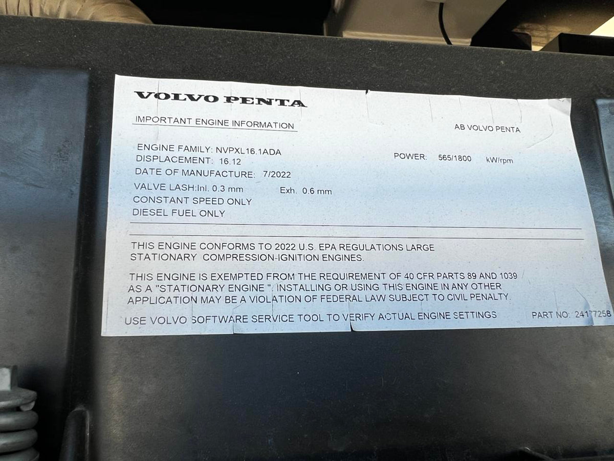 500 kW Unused Surplus Stamford, Volvo Penta Genset, Enclosed, Sound Attenuated with Base Fuel Tank, Year – 2022, US EPA Tier 2 Pre Emission Engine