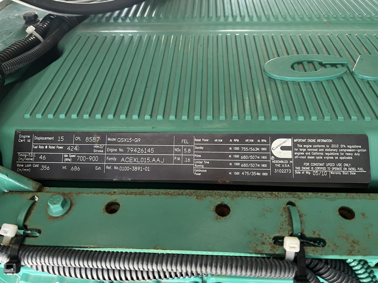 500 kW Cummins/Onan Gen Set, with Enclosure and Base Fuel Tank, Year – 2010, 504 Hours, US EPA Tier 2 Flex Engine Transmission