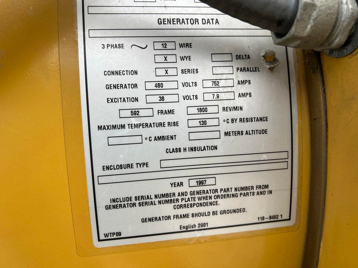 500 kW CAT 3412 Gen Set, Year – 1997, Open Skid, No Breaker or Controller