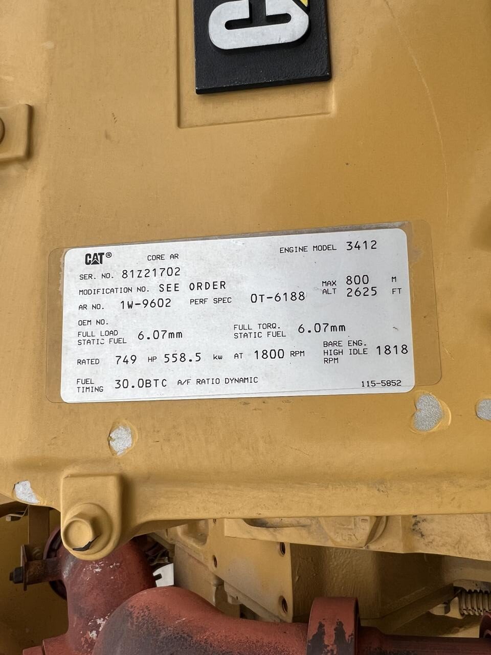 500 kW CAT 3412 Gen Set, Year – 1997, Open Skid, No Breaker or Controller