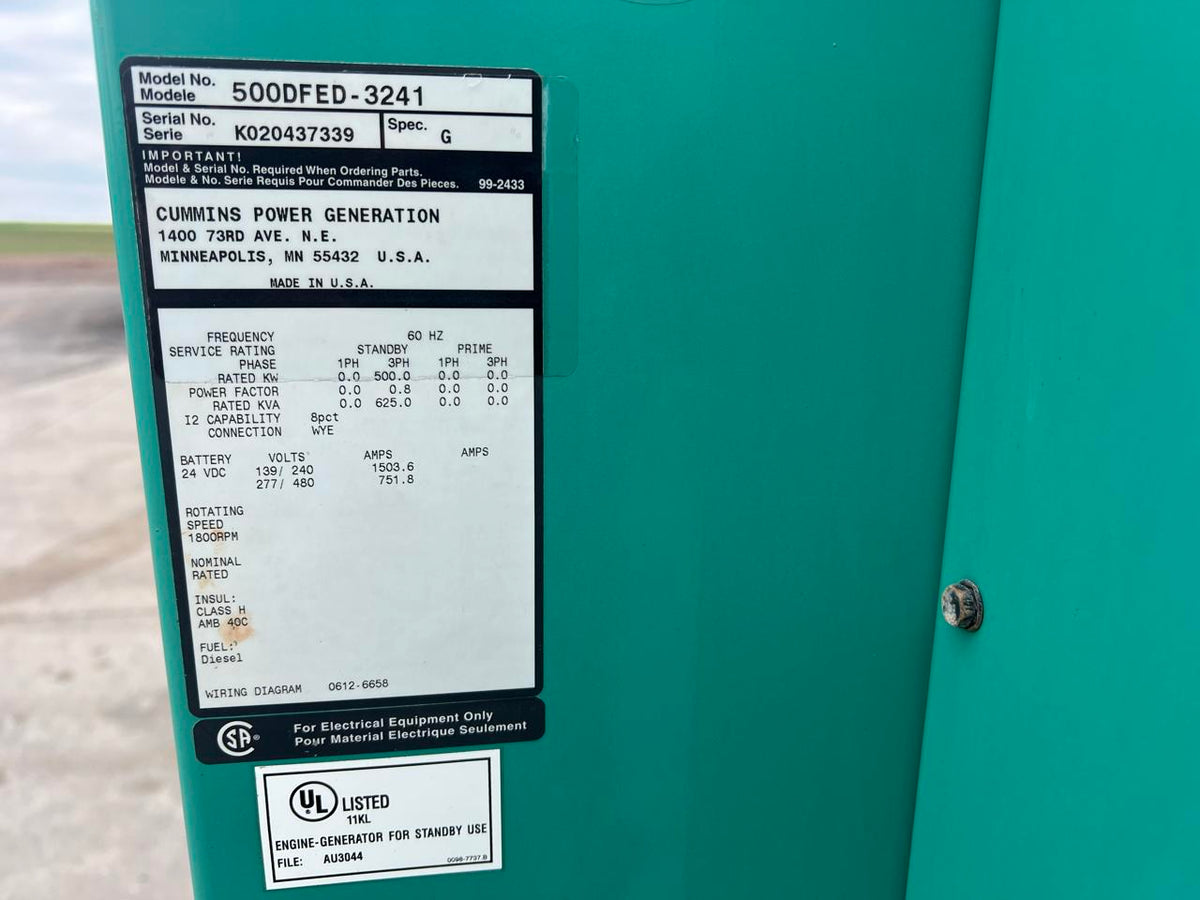 500 kW Cummins Gen Set, KTA19-G4 Engine, 1773 Hours, Year – 2002