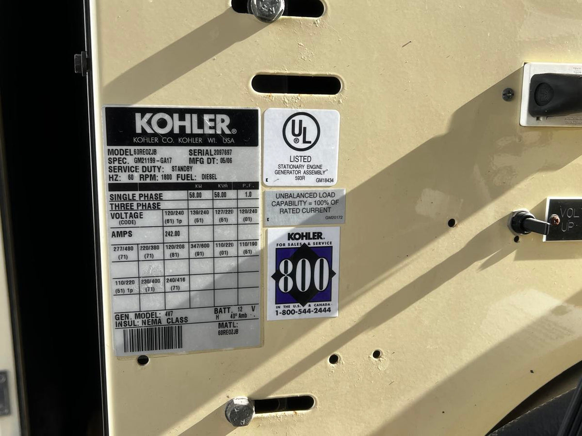 60 kW Kohler Generator, John Deere Engine, Year – 2006, 681 Hours