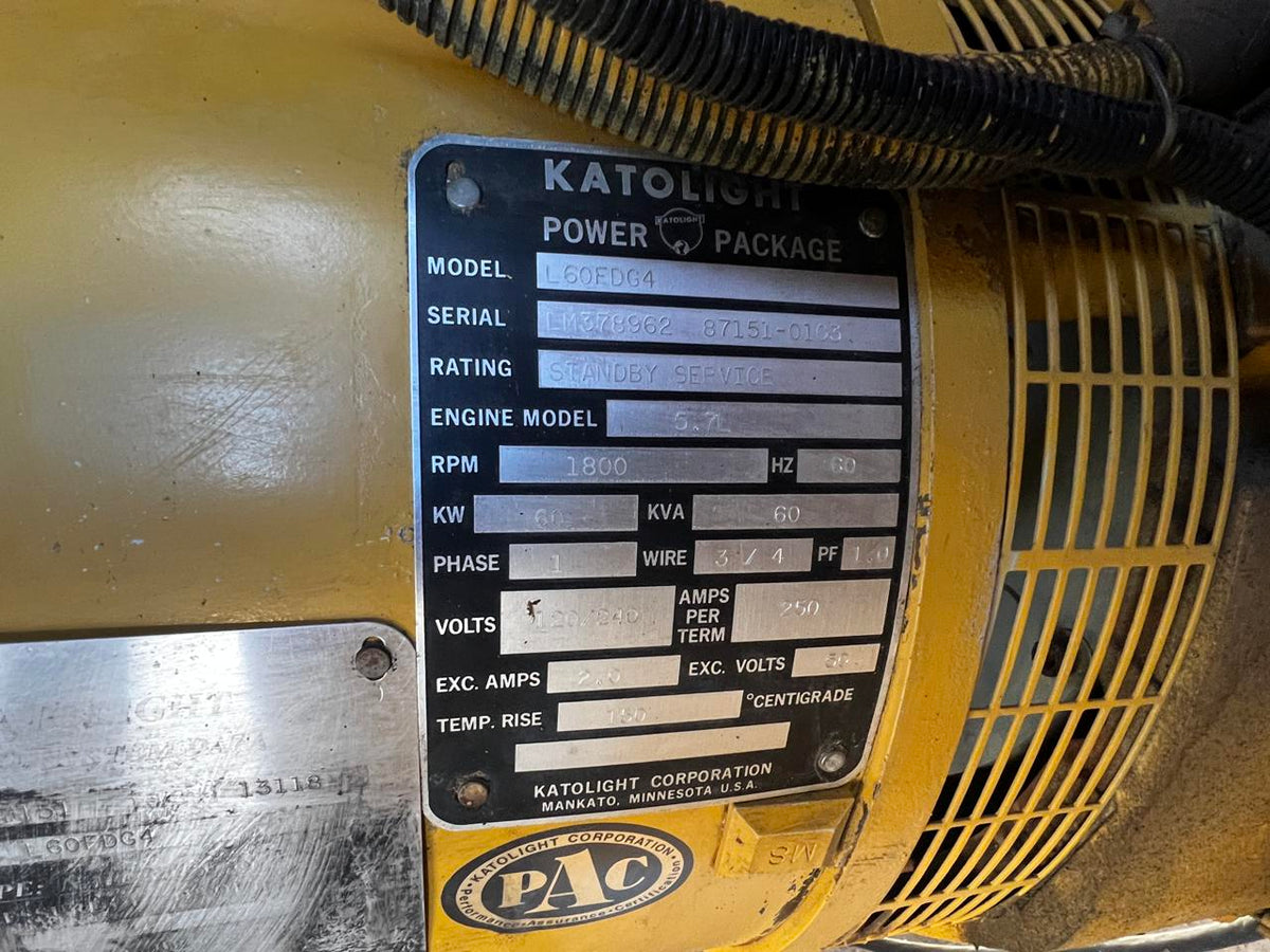 60 kW Katolight Generator, GM 5.7L PSI Engine, Natural Gas or Propane, Enclosed, 453 Hours